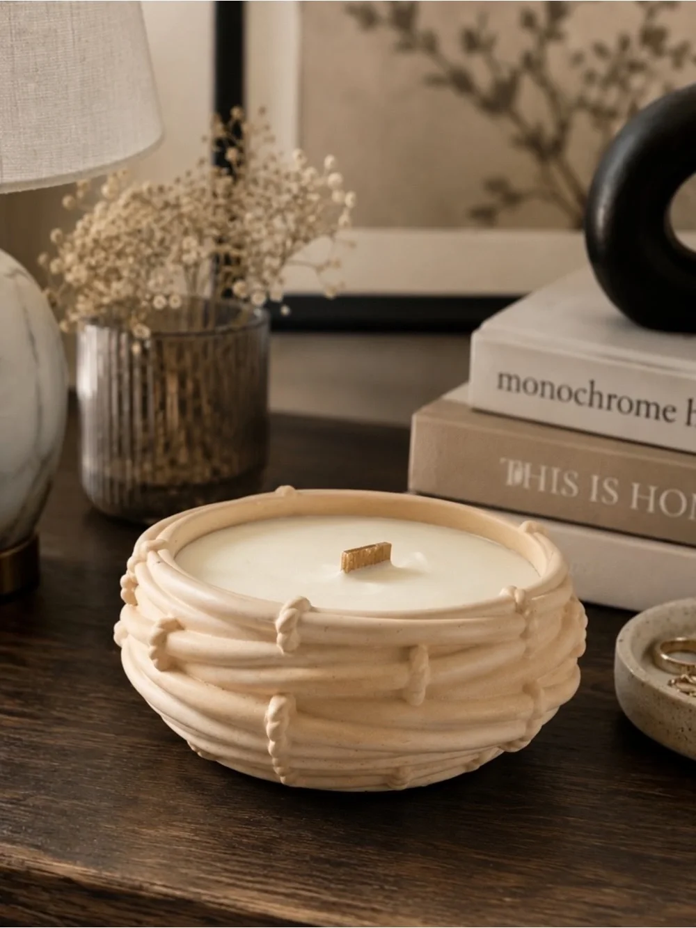 Cream Ceramic Bowl Candle with Wooden Wick - Home Accents
